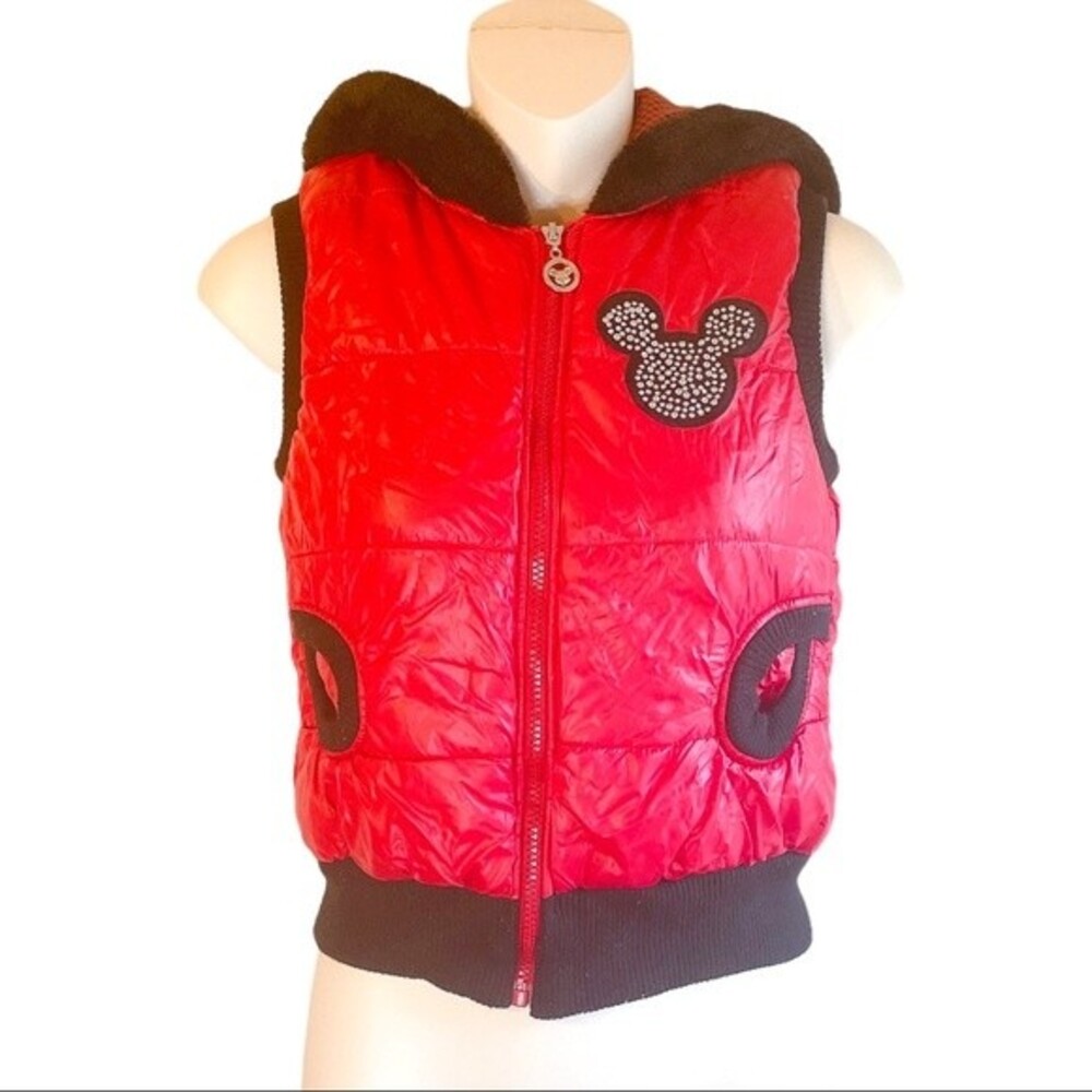 Red and Black Furry Sleeveless Winter Vest Mouse Rhinestone Decor Size 16